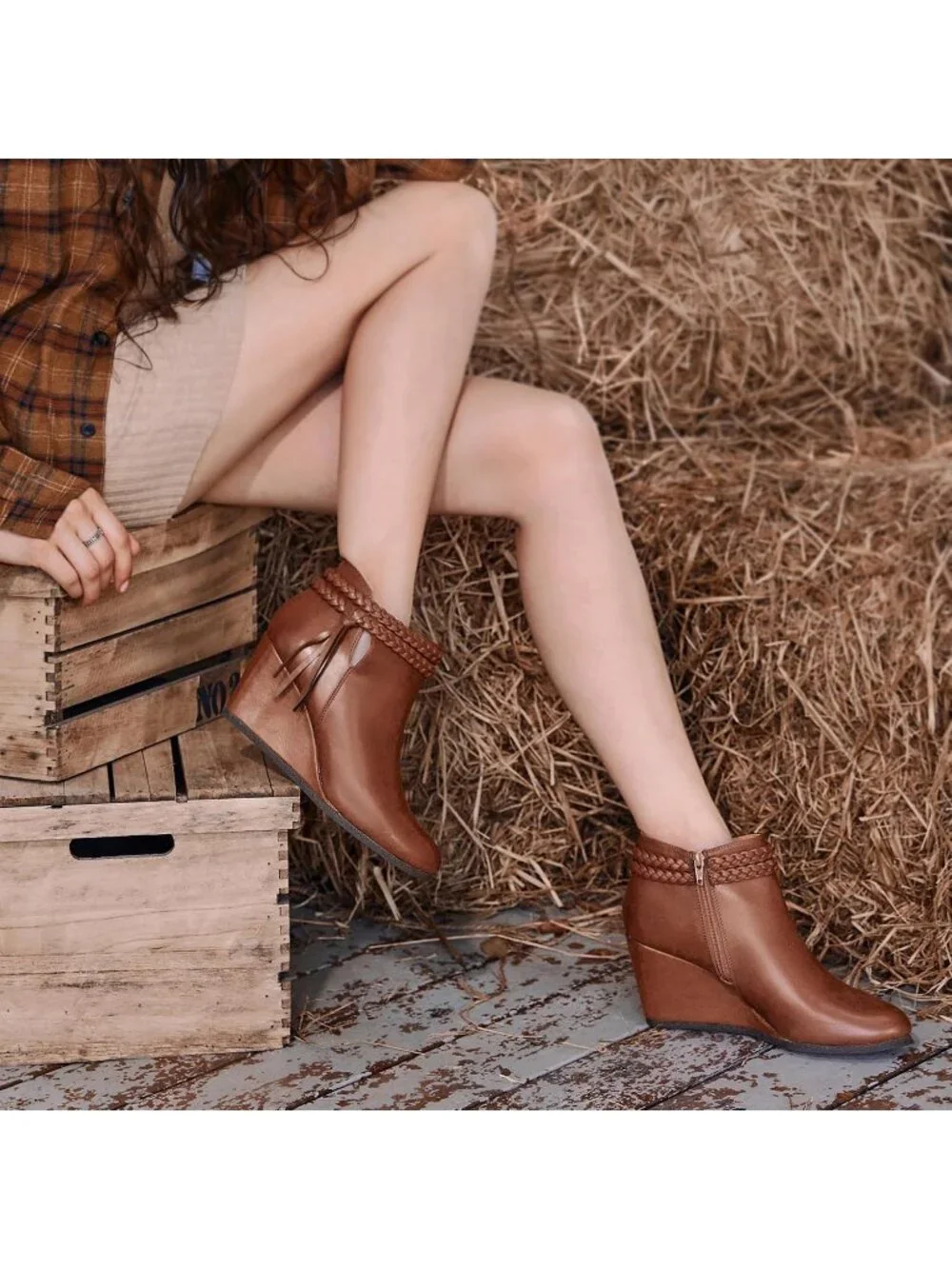 Women's Brown Braided Fringe Strap Western Heeled Fall Booties Dress Shoes